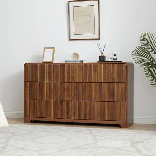 FurSch Fluted 6 Drawers Dresser for Bedroom, 53" Wide Mid Century Modern Chest of Drawers with Curved Profile Design, Large Wood Double Dresser for Living Room Wooden Dressing Table with Drawers