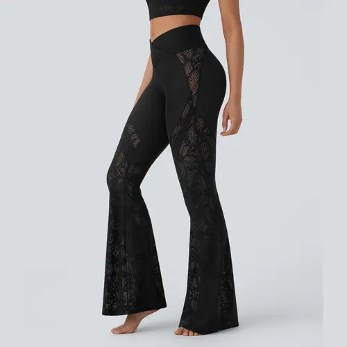 Halara Softlyzero High Waisted Crossover Back Pocket Contrast Lace Flare Yoga Leggings #BackToSchool