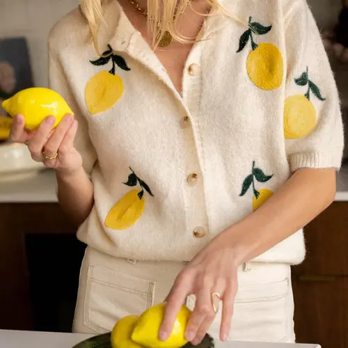 Women's Lemon Embroidery Sweater Cardigan, Casual Short Sleeve Knitwear for Daily Wear, Ladies Knitting Clothes for Summer, Knitted Tops, Fashion Knit Clothing