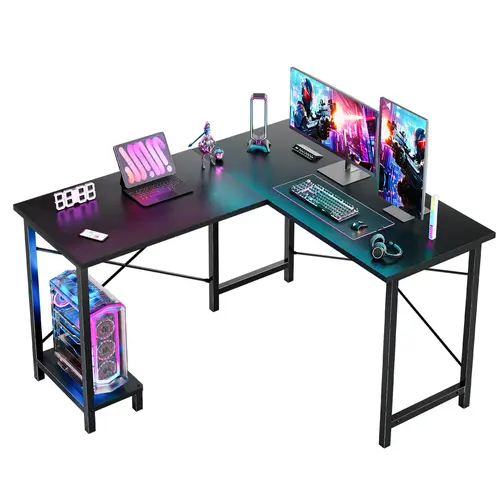 Sweetcrispy L-Shaped Computer Desk - MDF Wood Office Furniture with Metal Frame, Reversible Bracket Adapts, Storage, CPU Stand, Modern Gaming Style Desks & Workstations for Home Office Gamer Use