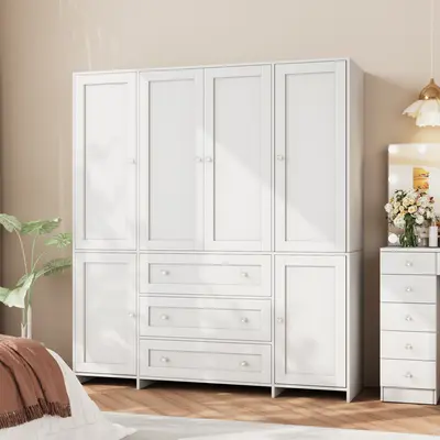 【2 Packages Delivery】VOWNER 71" Large Armoire Wardrobe Closet with 3 Drawers and Mirror, 6 Doors Tall Armoire Closet Organizer for Bedroom Laundry Room