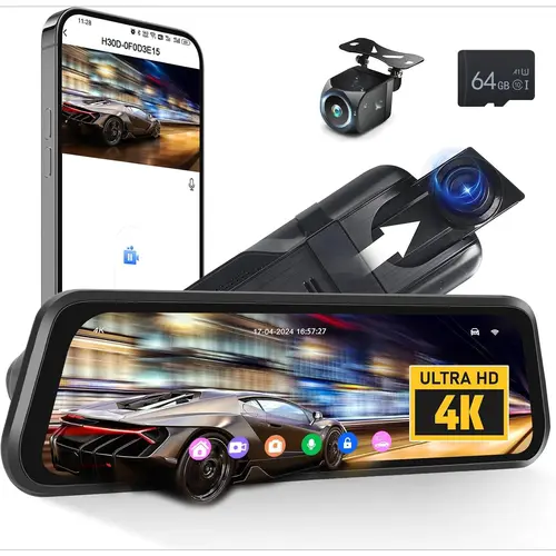 HIKITY 9.66" 4K Mirror Dash Cam Car Driving Recorder - Dual-Cam Car Cameras with Front-Facing HD, Rear View, AHD Waterproof Truck-Mounted Backup Cameras, Night Vision, G-Sensor, Parking Assistance, APP Control, 24H Parking Monitor, BSD, Father's Day Gift,
