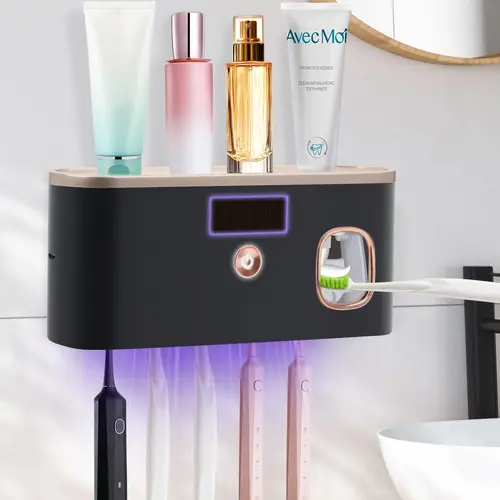 UV Toothbrush Holder for Bathrooms,5-Slot Wall Mount Toothbrush Sanitizer & Timing Function Wall Mounted with Toothpaste Dispenser for Electric / Regular Toothbrush Black Rose Gold