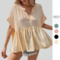 Imily Bela Womens Summer Babydoll Tops V Neck Short Sleeve Pleated Flowy Shirts Casual Loose Fit Peplum Blouse