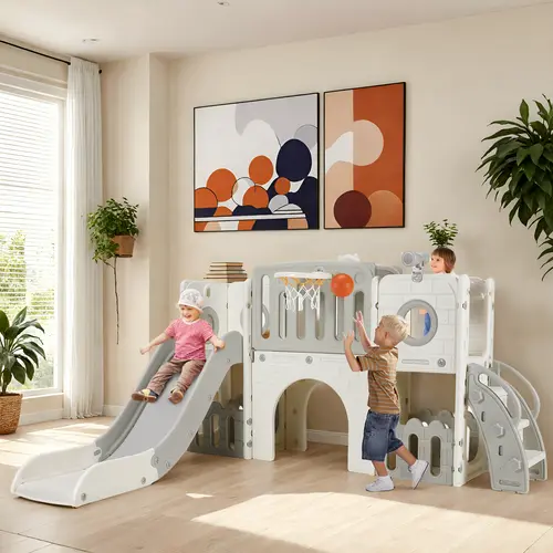【SohoChic】Arlopu 9 in 1 Large Toddler Slide, Kid Playset w/Long Slope, Baby Climber Set w/Basketball Hoop, Telescope, Tunnel, Storage Space, Enclosed Steps, Indoor Outdoor Playground,