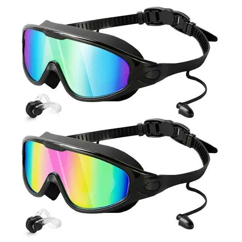 GOECI 2 Pack - Swim Goggles for Adults & Kids - Anti-Fog Full-Coverage, 3-Color UV Lens, Waterproof Earplugs & Nose Clip, Fit Outdoorfun