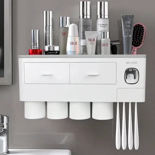 Magnetic Wall-Mounted Toothbrush Holder Set with Silicone Adhesive Tape - Durable, Multifunctional Space-Saving Organizer with 4-Cup Rack, Toothpaste Squeezer, Cosmetic Drawer for Home Bathroom Supplies