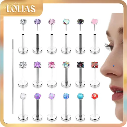 LOLIAS 18PCS Unisex Threadless Nose Studs - 20G-18G-16G Hypoallergenic Surgical Stainless Steel, CZ Zirconia Opal Push-In Flat-Back Body Jewelry, Highly Polished for a Smooth Finish, Nose Piercing Jewelry for Daily Wear, Showering