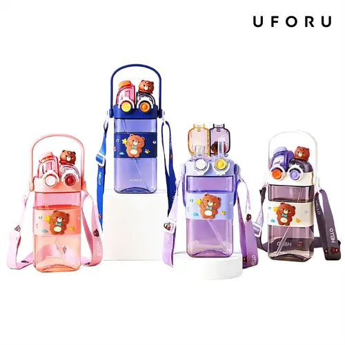 UFORU Boys' 19oz Wide-Mouth Leak-Proof Reusable Bathroom Tumbler Set with Lid, Straw, Lanyard, Colorful Cartoon Design, Portable for School, Children's Gift