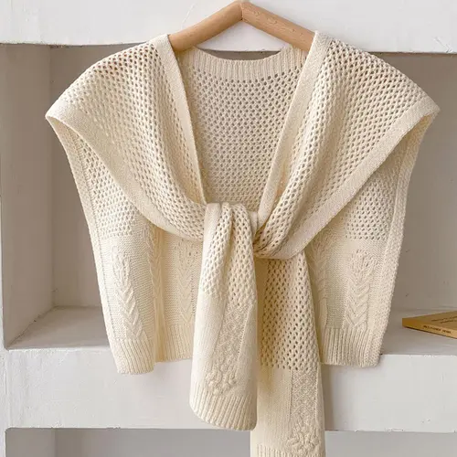 Women's Solid Color Hollow Out Cable Knit Shawl, Casual Shawl for Spring & Fall, Fashion Women's Knit Accessory for Daily Wear
