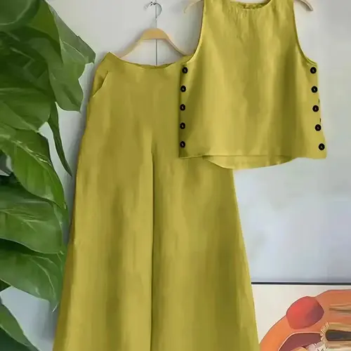 Women's Solid Tank Top & Wide Leg Pants Set with Pockets, Matching Clothing Set, Elegant Fashion Casual Two-piece Outfits for Daily Outdoor Wear, Summer Clothing
