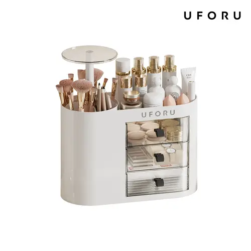 UFORU Plastic Makeup Tool Organizer with Drawers, 4-Slot 1-Touch Open Brush Holder, Spacious Storage Organization for Vanity Dresser & Bathroom Countertop (White)