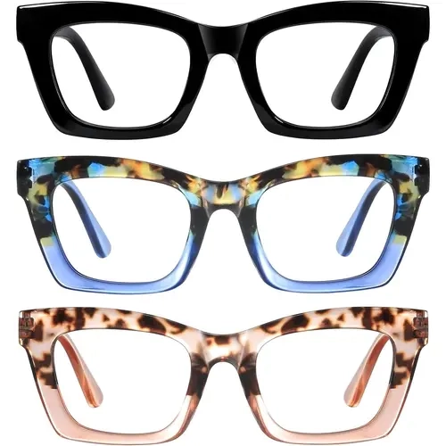 Resjok Women's 3-Pack Blue Light Blocking Reading Glasses - Tac, Plastic Full Rim, Unisex Fit, Spring Hinge, Adjustable Square Computer Eyewear for Daily Use, Reading Eyewear, Plastic Frame, Handy, Oprah Style,sohochic