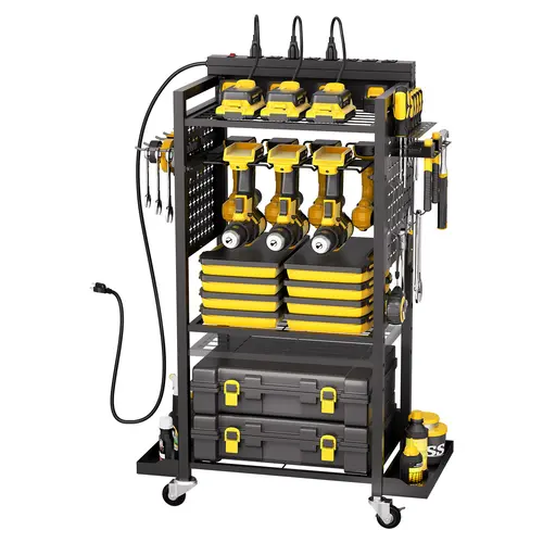 【toolupgrade】VEVOR Power Tool Organizer Cart, Heavy Duty Steel Frame 4-Tier Rolling Lockable Tool Storage with Charging Station, 8 AC Outlets, 360° Swivel Lock-Steady Wheels, Rust-Resist Coat, 150 lbs Capacity, Drill Slots, 3 Shelves for Workshop, Garage