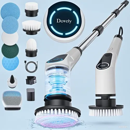 【Dovety】 Cordless Electric Spin Scrubber, Household Cleaning Tool with 8 Versatile Brush Heads, 3-Retractable Extension Handle, Dual Speeds, Blue Arc Battery, Type C Charger, Portable Durable for Bathroom (Ideal for Friends, Family)