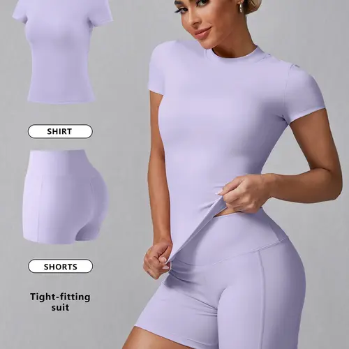 Women's Basic Solid Tee & High Waist Shorts Loungewear, Casual Comfy Round Neck Short Sleeve T-Shirt & Skinny Shorts PJ Set, Ladies Sleepwear for Summer, Pajama, Casual Fitted Sleepwear, Pajama Sets