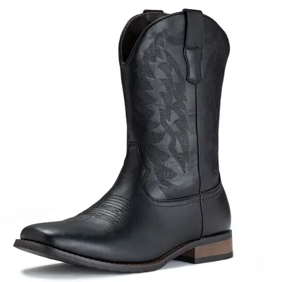 Clearance sale IUV Cowboy Boots For Men With Square Toe Retro Western Boots With Embroidered, Slip Resistant,Chunky Heel Ankle boots,Comfortable Shoes,Footwear Walking shoes Summer Vibes