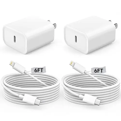 2-Pack 20W Super Fast Charging USB-C Wall Charger Block with 2-Pack 6FT USB-C to Lightning Cable, Type C Chargers, International Travel
