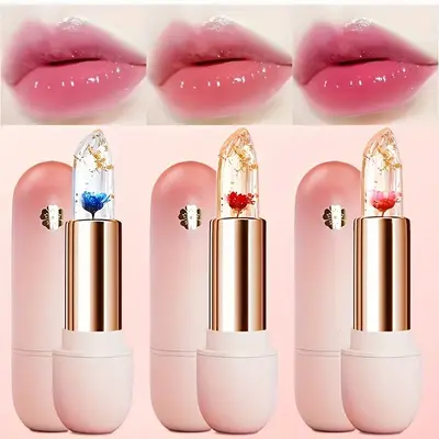3 Pieces Transparent Petal Color Changing Lipstick Makeup Set Waterproof Long Lasting Moisturizing Lip Tint Temperature Changing Lip Glossy Cosmetic Summeressentials
