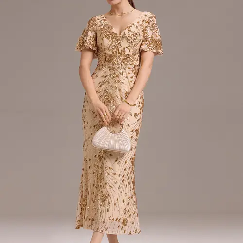 Ever-Pretty Holiday dress Sequin Midi Dress 2026 - Flattering Fit with Flowy Sleeves V-Neckline Short Flounce Sleeves Slim-Fit Design All-Over Sequin Embellishment for Glamorous Look,Evening dress,Formal dress, Womenswear,corset dress 02370