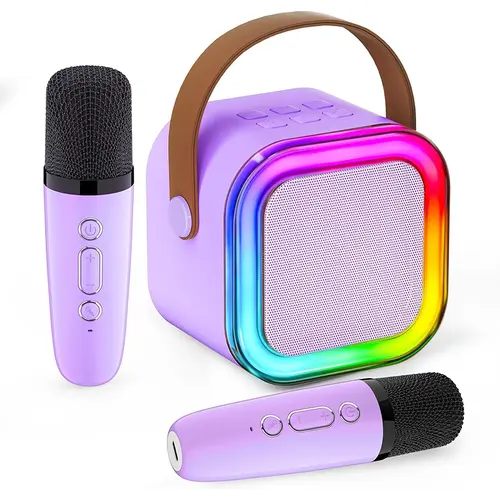 Mini Portable Karaoke Machine Toy with 2 Wireless Microphones, Bluetooth Speaker, 5 Voice Effects, LED Lights, 6-10h Rechargeable Battery, TF/USB/AUX Input, Easy Operation - TV Compatible Unisex Kids Toy, Birthday Gift for 9-10 Boys & Girls