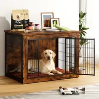 Warcat Wooden Dog Crate Furniture with Cushion - Iron Enclosure, Dual Doors Escape-Proof Kennel, Side End Table for Small to Large Indoor Dogs
