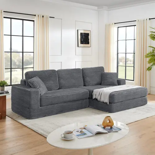 Confy 3-Seat 112in Left Chaise Sofa (2-Piece Package) with 5 Pillows, Double Floor Design, Simple Assembly, Less Stress, Left Chaise for Cozy Corners, Moves Individually for Tight Hallways, No Installation Required, Ideal for Family Activities,sohochic