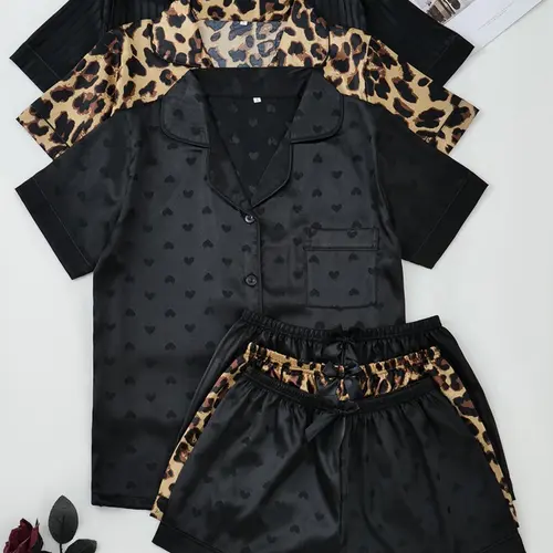 Fashion Six-Piece Women's Satin Pajama Set, Comfortable Summer Sleepwear Loungewear, Button Top and Bow Front Shorts, Casual Fitted Style, Casual Fitted Nightwear