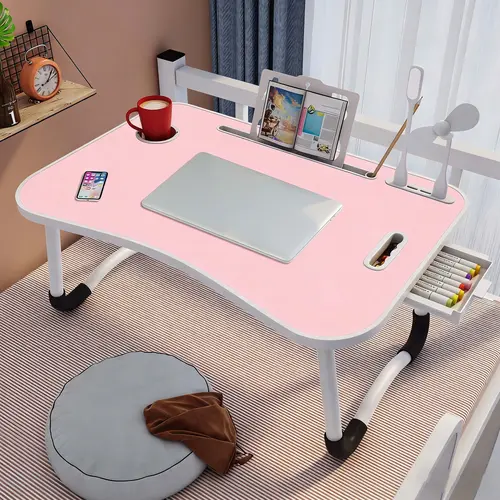 Foldable Laptop Desk - Space-Saving Portable Foldable Table for Home Office, Laptop Stand with 4 USB Ports, Storage Drawer, Cup Holder, for Bed/Couch Use