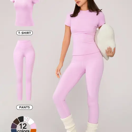 Women's Solid Short Sleeve Tee & Leggings Loungewear, Casual Comfy Round Neck Top & Skinny Pants PJ Set, Ladies Sleepwear for Spring & Fall, Pajama