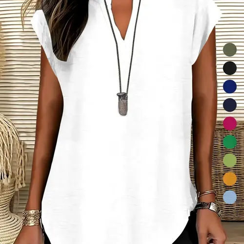 Women's Plain Notched Neck Fitted Blouse, Shirts, Casual Fashion Fitted Classy Elegant Minimalist Basic Top for Summer, Ladies Clothes for Daily Wear, casual comfy classy, Blouses Shirts Tops, Womenswear