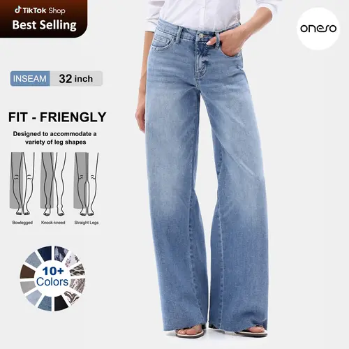 Freya ONESO Women Mid Rise High Stretchy BBL Jeans Butt Lifting Wide Leg Raw Hem Denim Pants Tummy Control Spring Basic Minimalist Woman Denim Bottom Comfortable Denim Jeans OSW8019 Plus Size Regular Size Fashion Daily Outfits DIY Inseams #SummerVibes