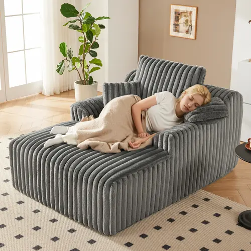 63" Oversized Chaise Lounge Chair Indoor, Boneless Couch Chair with 3 Pillows, Comfy Reading Chair with Wide Arms, No Assembly Required Corduroy Couch, Sleeper Sofa for Living Room U Shaped Sofas