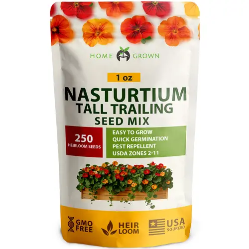 Tall Trailing Nasturtium Mix Flower Garden Seeds - 250+ Non-GMO Heirloom Seed Packets, Multicolored Blooms, High Coverage, Easy-to-Grow, Ideal for Raised Beds, Hanging Baskets, Pest Repellent