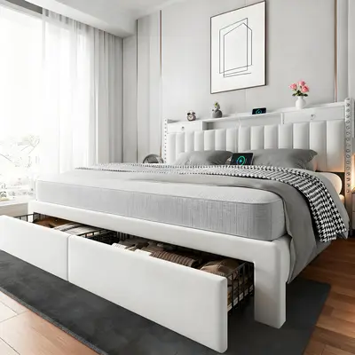 TryLazy Furniture Bed Frame with 4 Drawers, Headboard with Storage and 2 USB & 1 Type-C Charging Ports, Noise-Free, No Box Spring Required, Easy Assembly