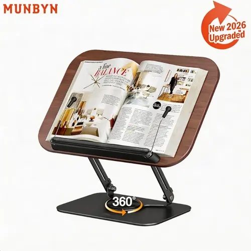 MUNBYN Adjustable Book Stand - 360° Rotating Base, Height Adjust, Foldable Portable Lightweight, Foldable Size, Page Clip Hold, Office Accessories, Work Accessories for Office, Kitchen Use with Textbook, Recipe, Kindle, Tablet, Desk Accessories