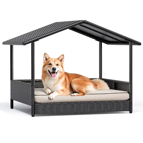 Warcat Rattan Dog House - Elevated Outdoor/Indoor Dog Shelter with High-Density Foam Cushions Support, Steel Frame, Modern Design for Decks, Home,sohochic