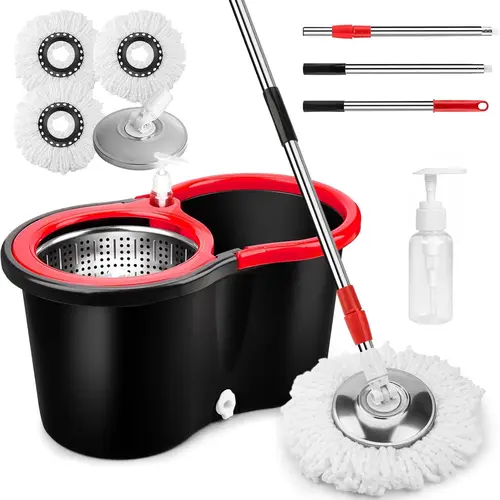 Multicolor 360° Spin Mop and Bucket Set with Long Adjustable Stainless Steel Handle, 3 Microfiber Mop Heads, Non-Slip Design, Auto Rotating Function for Household Items Floor Cleaning Supplies