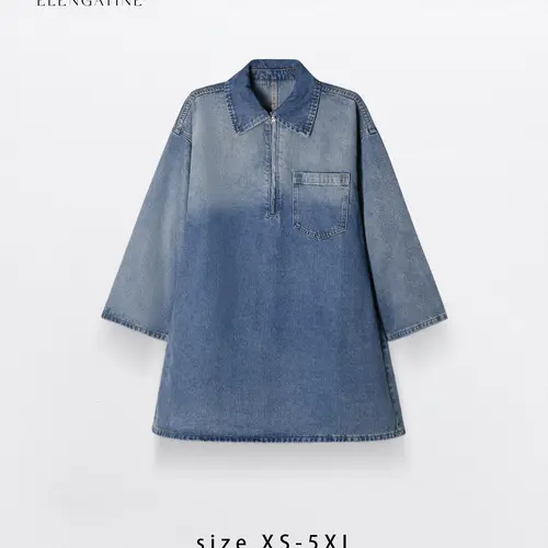 EL ELENGATINE Women's Plus-Size Denim Shirt Dress, Stylish Vintage Oversized Collared Cotton-Polyester Drape Fabric Dress with Half-Zip, Long Sleeves, Pocket for Everyday Casual Wear