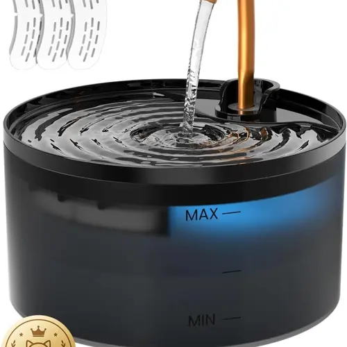 MISFANS Silent Cat Water Fountain, 2.1L Pet Automatic Water Bowl with Ultra-Quiet Copper Spout, Soft Blue LED Night Light, 6-Layer Filter, Wired Plug-In Gravity Feeder for Cats