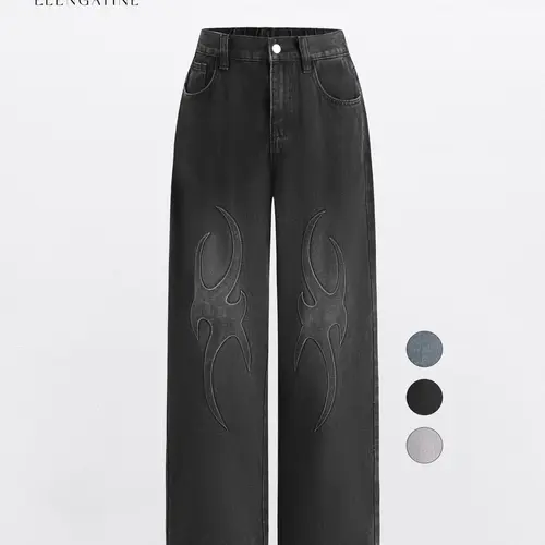 Elengatine Embossed Flame Pattern Denim Jeans for Women Light Wash Loose Wide Leg Silhouette Elastic Waistband Y2K Streetwear Inspired Soft Viscose Cotton Blend Casual Outfits Stand Out Fashion Piece, Everyday, Polyester,sohochic