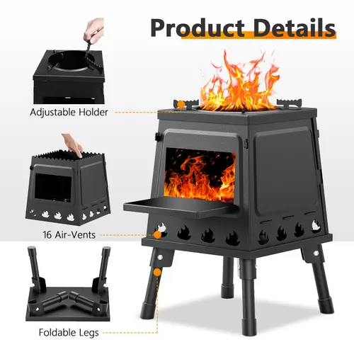 Portable Cast Iron Wood Stove for Camping Hiking BBQ & Outdoor Cooking Black Durable Metal Construction Food Safe with Integrated Cooking Pot Hiking Essentials Compact Stove Design Efficient Firebox Design Camping Stove - Woodfire Grill,sohochic
