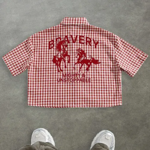 Men's Regular Fit Horse & Letter Graphic Print Short Sleeve Shirt, Casual Printed, Casual Classic Retro Vintage Gingham Shirt for Daily Wear, Fashion Menswear Top for Summer, Casual Summer Clothes