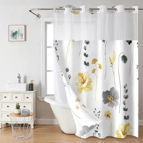 Ink and wash Floral double-layer shower curtain, no hooks, fresh country style home decoration, bathroom accessories, 72x75in