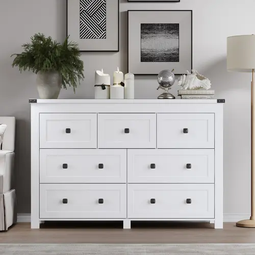 Farmhouse Wooden 7-Drawer Dresser - Sturdy Engineered Wood Furniture with Metal Handles, Farmhouse Cupboard, Modern Accent Cabinet, Wide TV Cabinet, Brown Storage Organizer for Modern Bedroom, Home Decor (Bedroom Decor Ideas)
