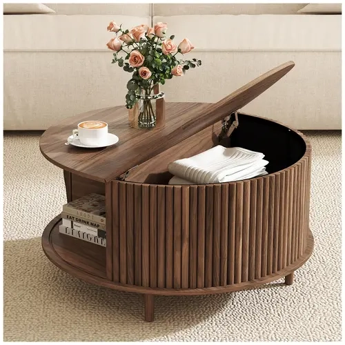 Mid-Century Modern Walnut Solid Wood Coffee Table (31.5in) with Sliding Door Storage, Thick Legs, Lift-Top, Simple Set-Up, Ideal for Compact Spaces
