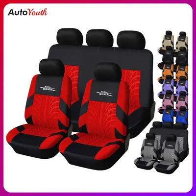 AutoYouth Full Set Car Seat Covers Universal for 5 Seats, Breathable Fabric Seat Covers for Front and Rear Seats, Airbag Compaible, Fit Most Autos SUVs Trucks Vans, Red Black Gray Car Decor, Truck Accessories, Car Accessories, Car Interior Kit toolupgrade
