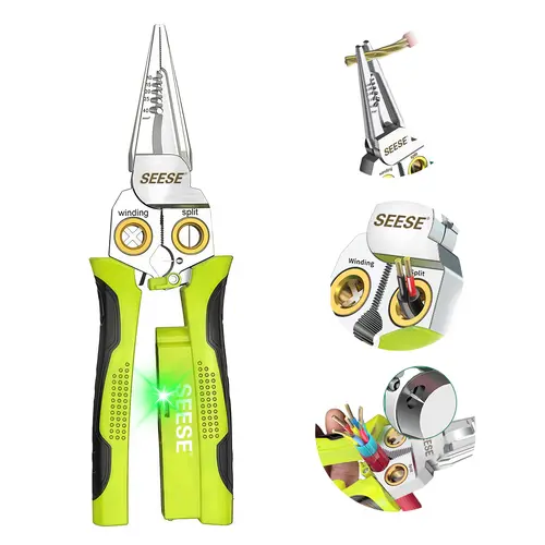 SEESE 8-in-1 Wire Stripper & Twister – Cutting, Pulling Wires, Voltage Tester Pliers, Cable Scissors, AC/DC Live, Null & Hot Wire Detection with Audible & Flashing LED Alarms