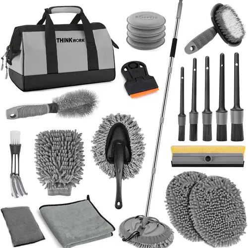 THINKWORK Car Wash Kit, Car Wash Brush with Long Handle, Extendable Car Wash Brush Mop and 2-in-1 Windshield Squeegee, Gray Car Cleaning Brush Set for Men and Women