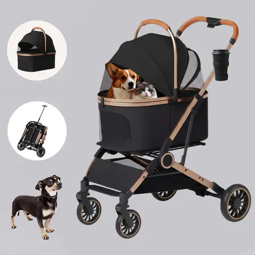 PAWPUBBY 4-Wheel Foldable Puppy Stroller - Portable Solid Outdoor Animal Carrier for Dogs & Cats, Waterproof Fabric, Swivel Wheels, Shock Absorber, Storage Basket, Cup Holder, Hook And Loop (Up to 50lb)
